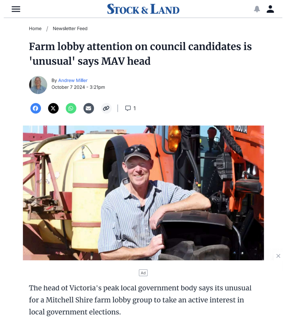 Farm lobby attention on council candidates is 'unusual' says MAV head, 7 October 2024