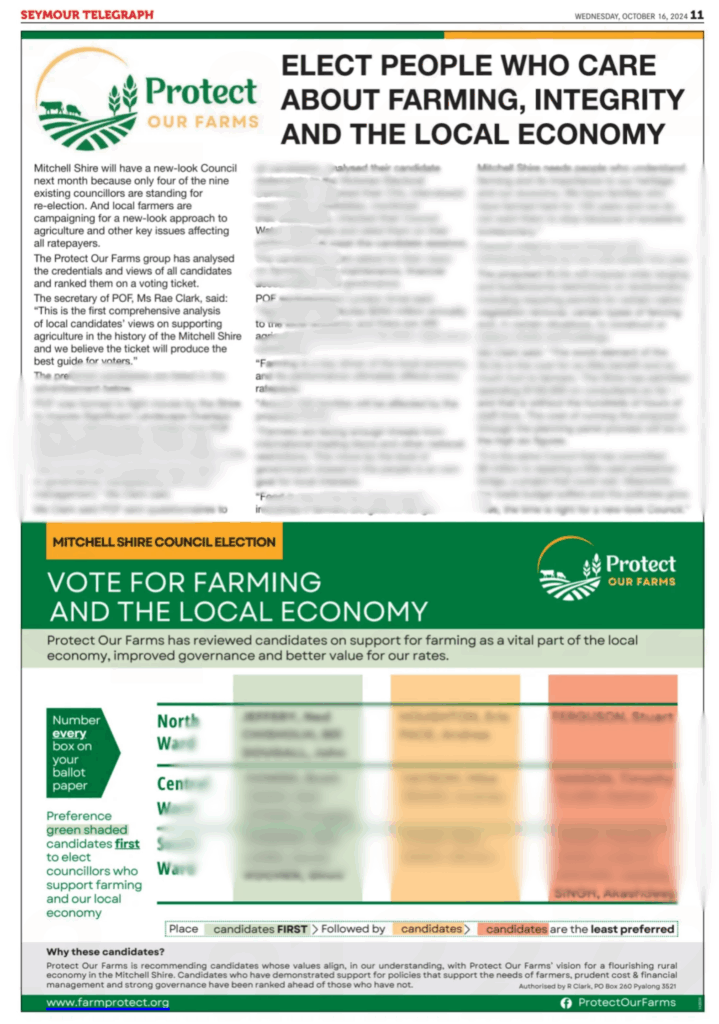 Elect people who care about farming, integrity and the local economy, 16 October 2024